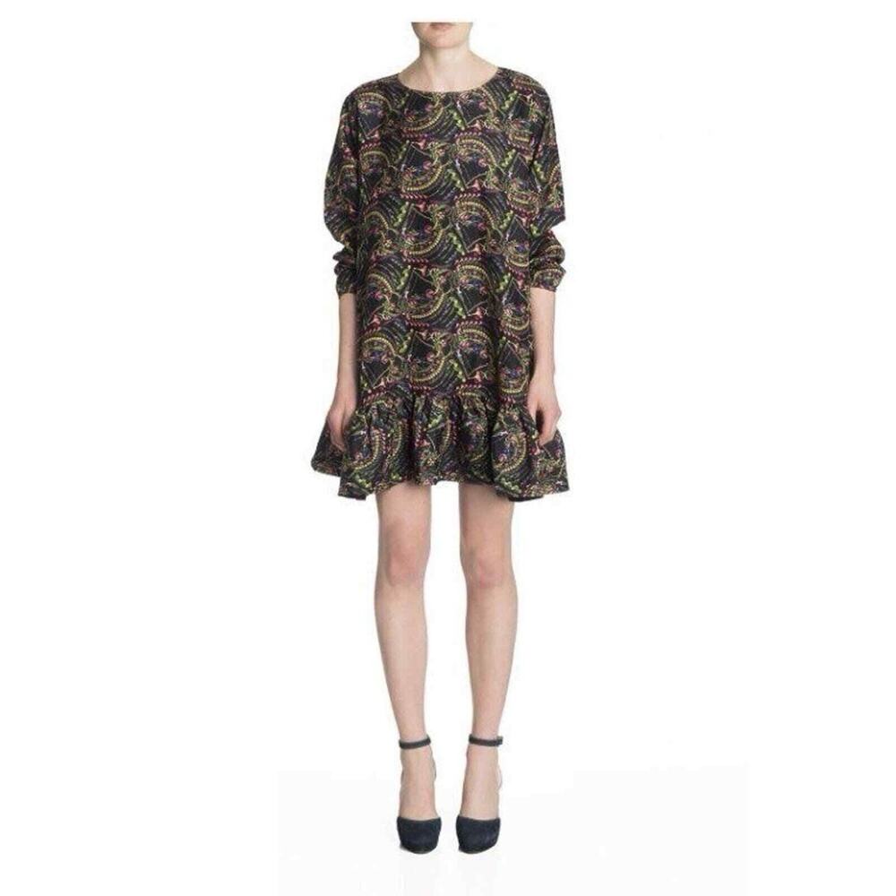 CYNTHIA ROWLEY Black Floral Ruffle Hem Swing Flounce Dress Long Sleeve 8